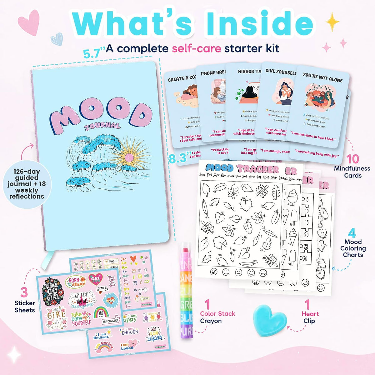 Mood Tracker Journal Set for Teen Girls & Tweens, Self Care Gift(Pink)