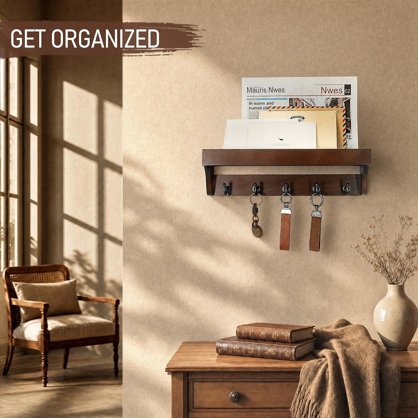 Rebee Vision Key Holder Wall Mount with 5 Hooks for Entryway, Retro Brown | Display Shelf for Plant & Letters, Key Shelf for Hats, Dog Leashes, Mail Organizer, Decorative Entryway & Living Room