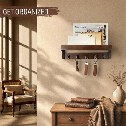 Rebee Vision Key Holder Wall Mount with 5 Hooks for Entryway, Retro Brown | Display Shelf for Plant & Letters, Key Shelf for Hats, Dog Leashes, Mail Organizer, Decorative Entryway & Living Room
