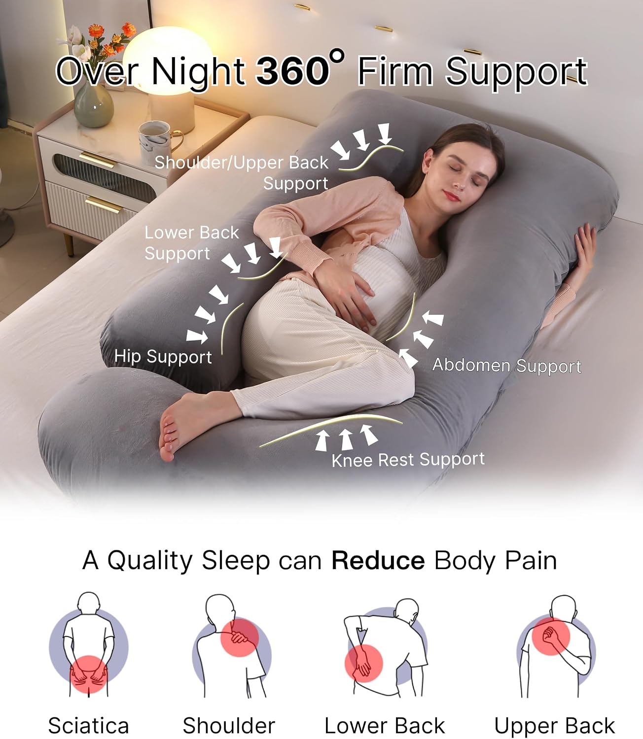 ALLOPERA Pregnancy Pillows for Sleeping, 57-Inch U-Shaped Full Body Maternity Pillow with Adjustable Fill and Removable Washable Cover, Back, Belly, Hip and Leg Support for Pregnant Women, Black Grey