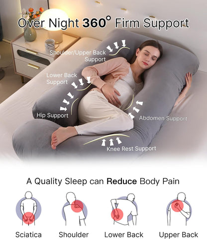 ALLOPERA Pregnancy Pillows for Sleeping, 57-Inch U-Shaped Full Body Maternity Pillow with Adjustable Fill and Removable Washable Cover, Back, Belly, Hip and Leg Support for Pregnant Women, Black Grey