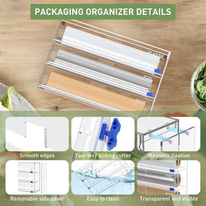 3 in 1 Clear Acrylic Foil, Plastic Wrap Organizer with Cutter | Kitchen Storage, Aluminum Foil Dispenser, Wax Paper Holder, For Drawer or Wall Mount, Fits 12 Inch Roll
