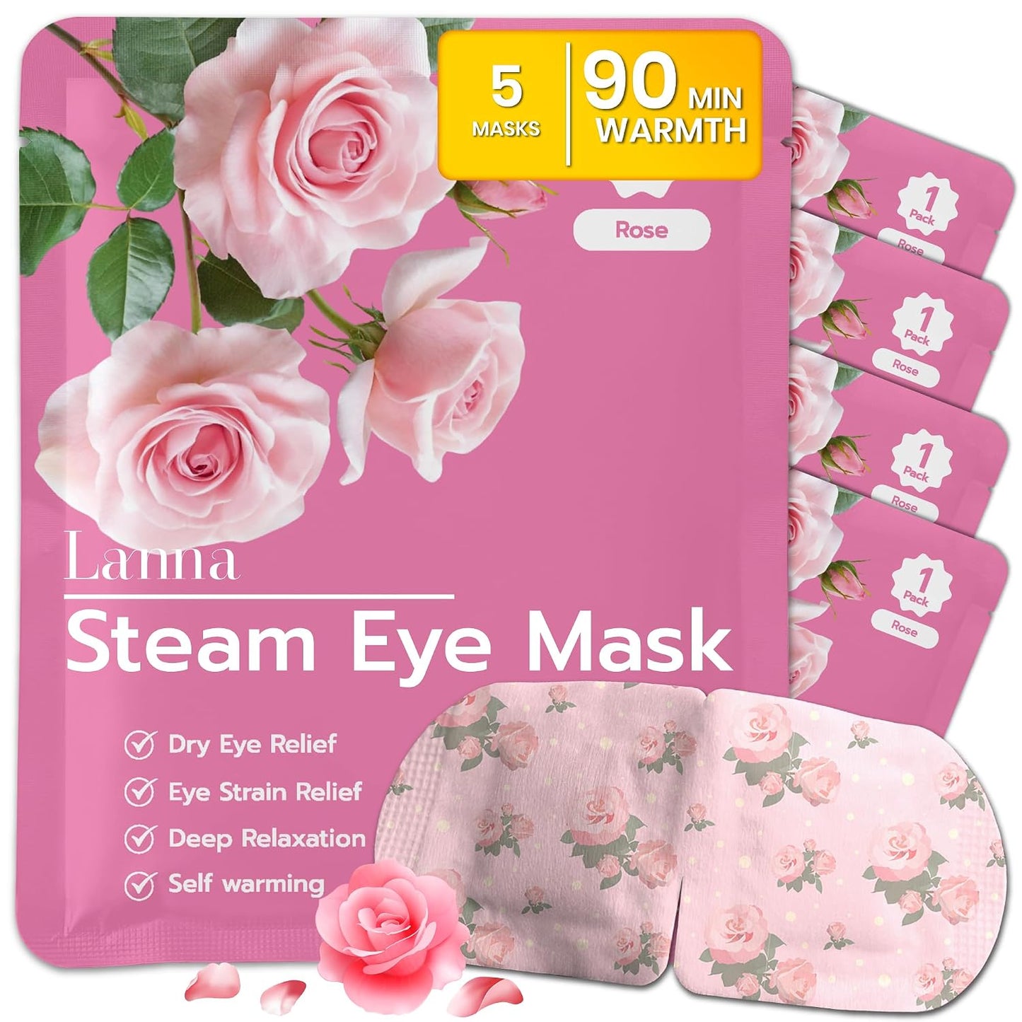 LANNA Heated Steam Eye Mask, Disposable 120 Minutes, Lavender Scent, 5 Pcs | Great for Sleep & Spa Relaxation, Self Heating Warm Compress for Dry & Puffy Eyes Long Lasting Heated Eye Mask for Stye Eyes