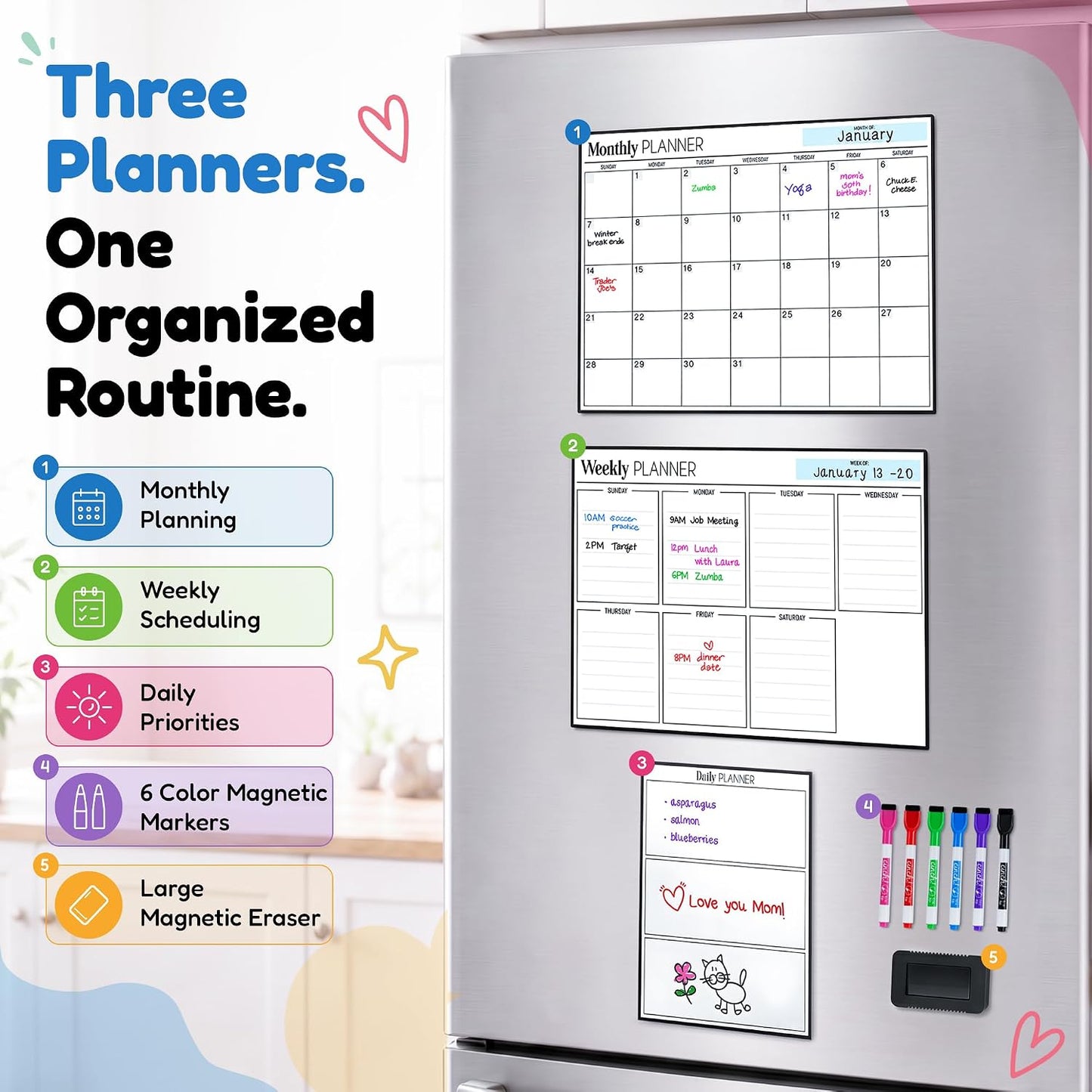 3 Pack Magnetic Dry Erase Calendar for Fridge, 17" x 12" Fridge Planner | Stain-Resistant Magnetic Calendar for Refrigerator with 6 Magnetic Markers & 1 Eraser - Monthly, Weekly & Daily Planner Set