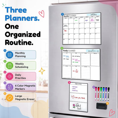 3 Pack Magnetic Dry Erase Calendar for Fridge, 17" x 12" Fridge Planner | Stain-Resistant Magnetic Calendar for Refrigerator with 6 Magnetic Markers & 1 Eraser - Monthly, Weekly & Daily Planner Set