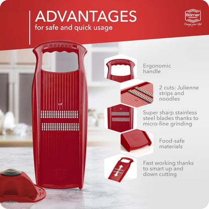 Börner Roko PowerLine Vegetable Slicer Set (2-piece) • Fine Julienne Cutter for Fruit and Vegetables + Safety Guard • Julienne Slicer • Mandoline Slicer Set • Kitchen Slicer (Red)