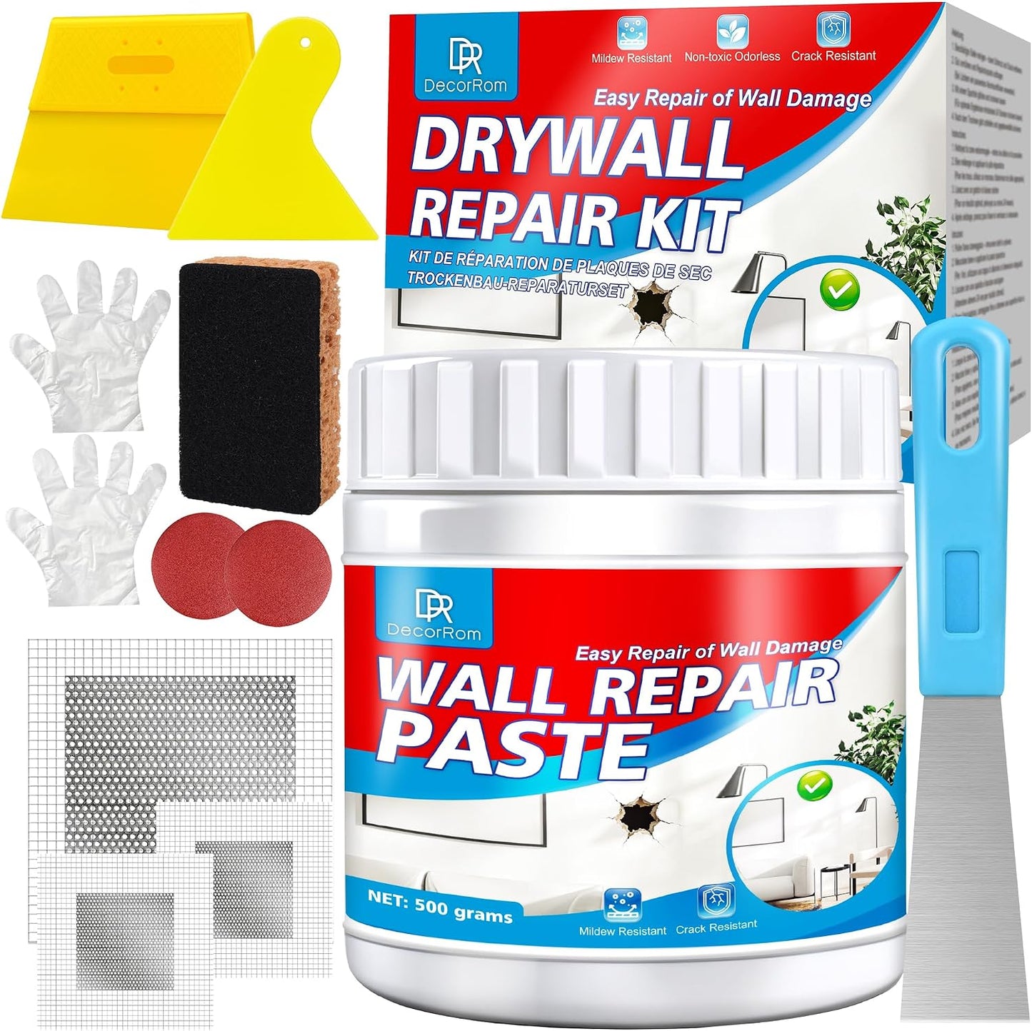 Drywall Repair Kit, 18oz Drywall Hole Patch Repair Kit Wall Patch Repair | White Waterproof Wall Repair Putty for Dents, Cracks, Nail Holes and Other Defects on Walls From Garage, Classroom & Home