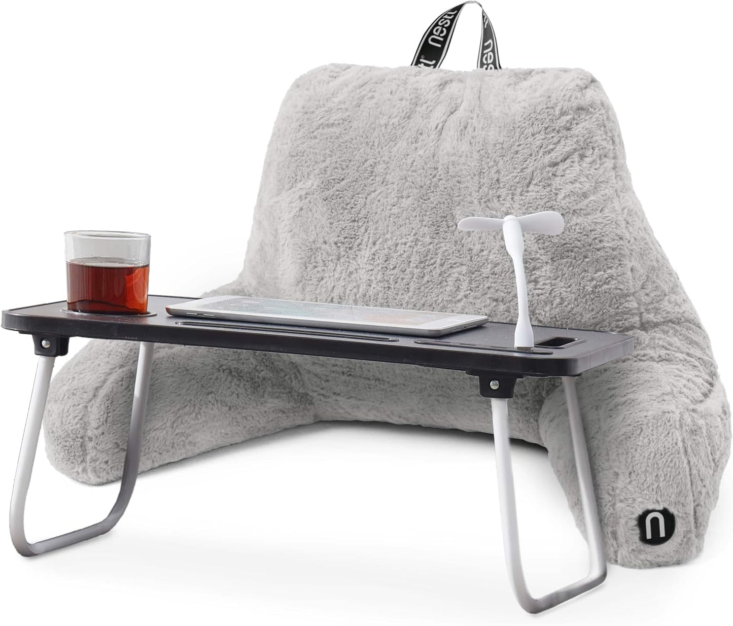 Nestl Fur Reading Pillow with Shredded Memory Foam, Stylish Back Pillow for Bed Sitting Up, Faux Fur Reading Pillows for Sitting in Bed Adult & Kids, Sit Up Back Support Pillow with Arms - Dark Grey