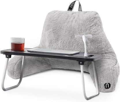 Nestl Fur Reading Pillow with Shredded Memory Foam, Stylish Back Pillow for Bed Sitting Up, Faux Fur Reading Pillows for Sitting in Bed Adult & Kids, Sit Up Back Support Pillow with Arms - Dark Grey