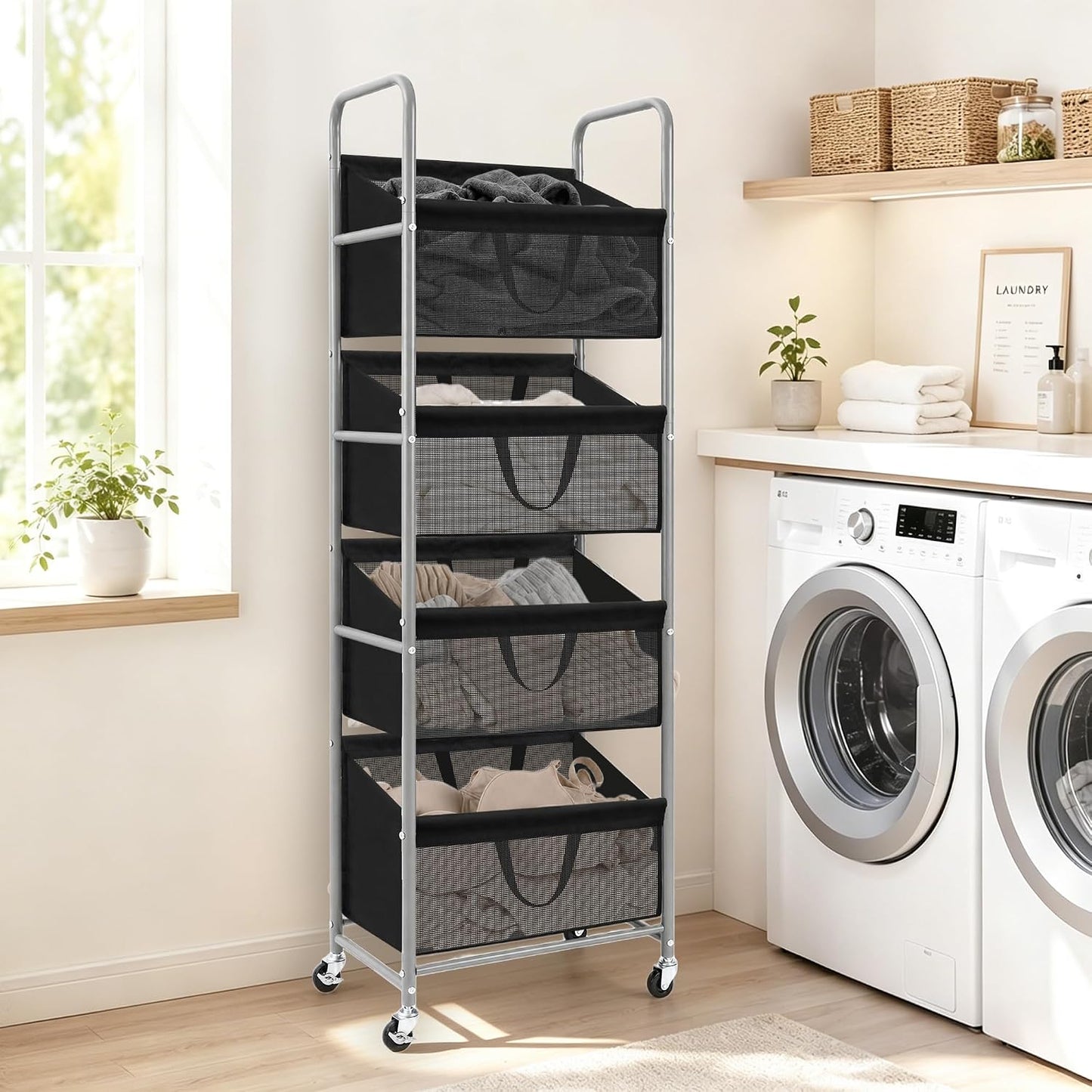 STO STO 3-Tier Vertical Rolling Laundry Hamper, Removable Bags, Black Mesh | 120L Capacity, Space-Saving Vertical Design, Rust-Resistant Steel Frame, Lockable Wheels, Ideal for Apartments & Small Spaces