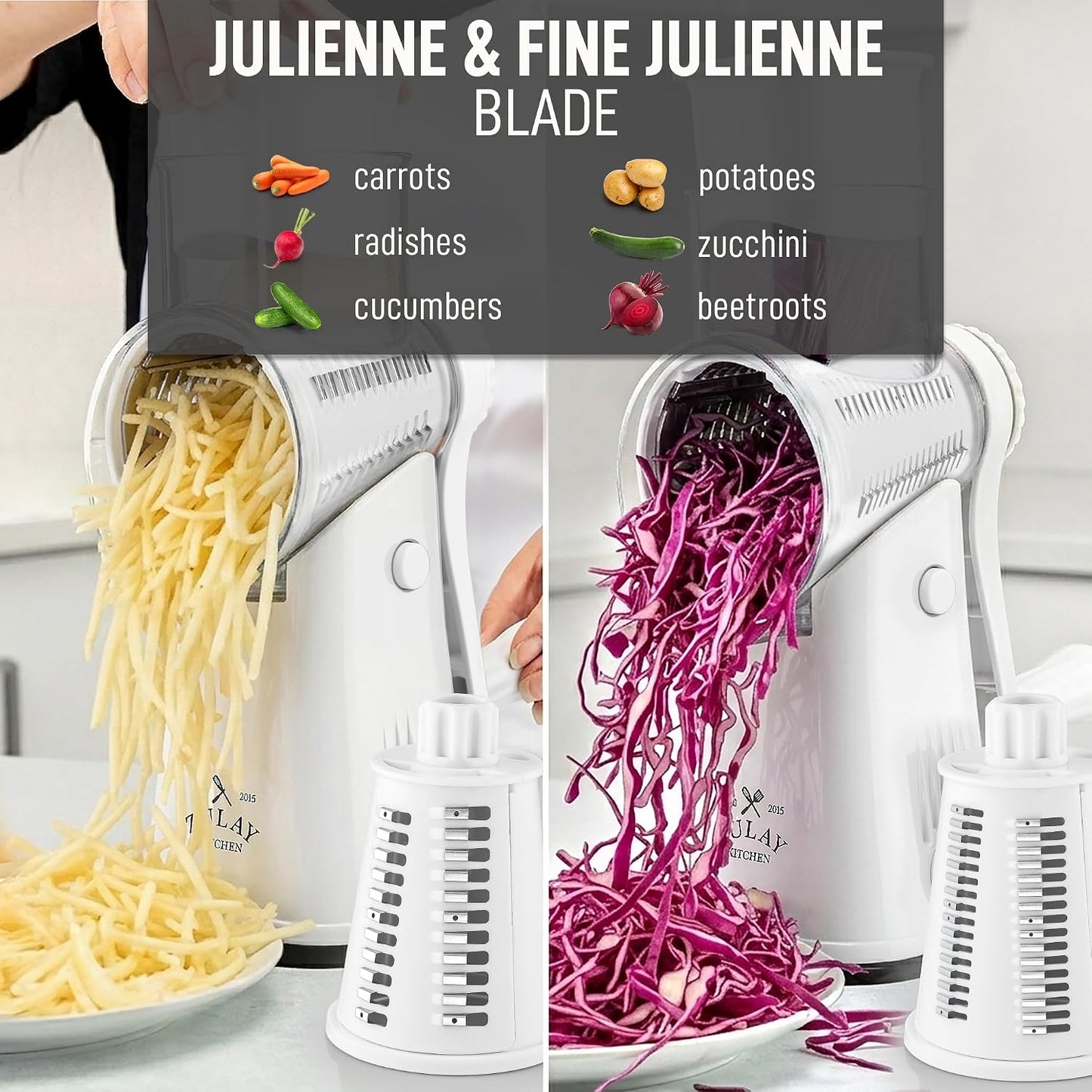 Zulay Kitchen Rotary Cheese Grater 5 Blade Cheese Shredder - Manual Hand Crank Cheese Grater With Reinforced Suction & 5 Interchangeable Drums - Easy to Use, Vegetable Chopper Round Mandoline Slicer - Colors A