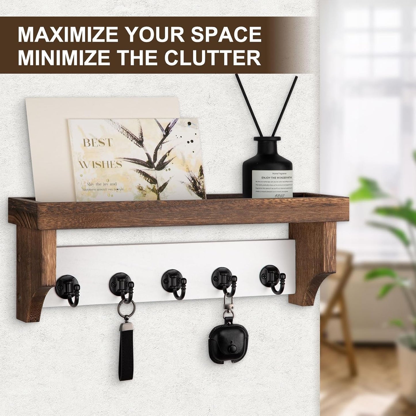 Key and Mail Holder Wall Mount, Mail Organizer with 5 Key Hooks | Key Holder with Shelf, Key Holder for Coat, Dog Leash, Home Decor Rack, Entry Way Organizer