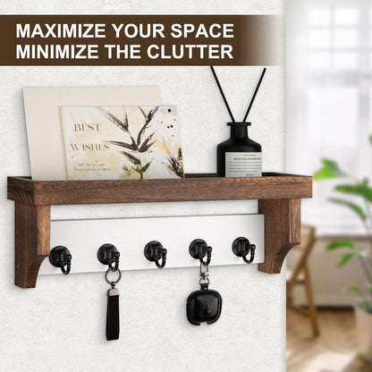 Key and Mail Holder Wall Mount, Mail Organizer with 5 Key Hooks | Key Holder with Shelf, Key Holder for Coat, Dog Leash, Home Decor Rack, Entry Way Organizer