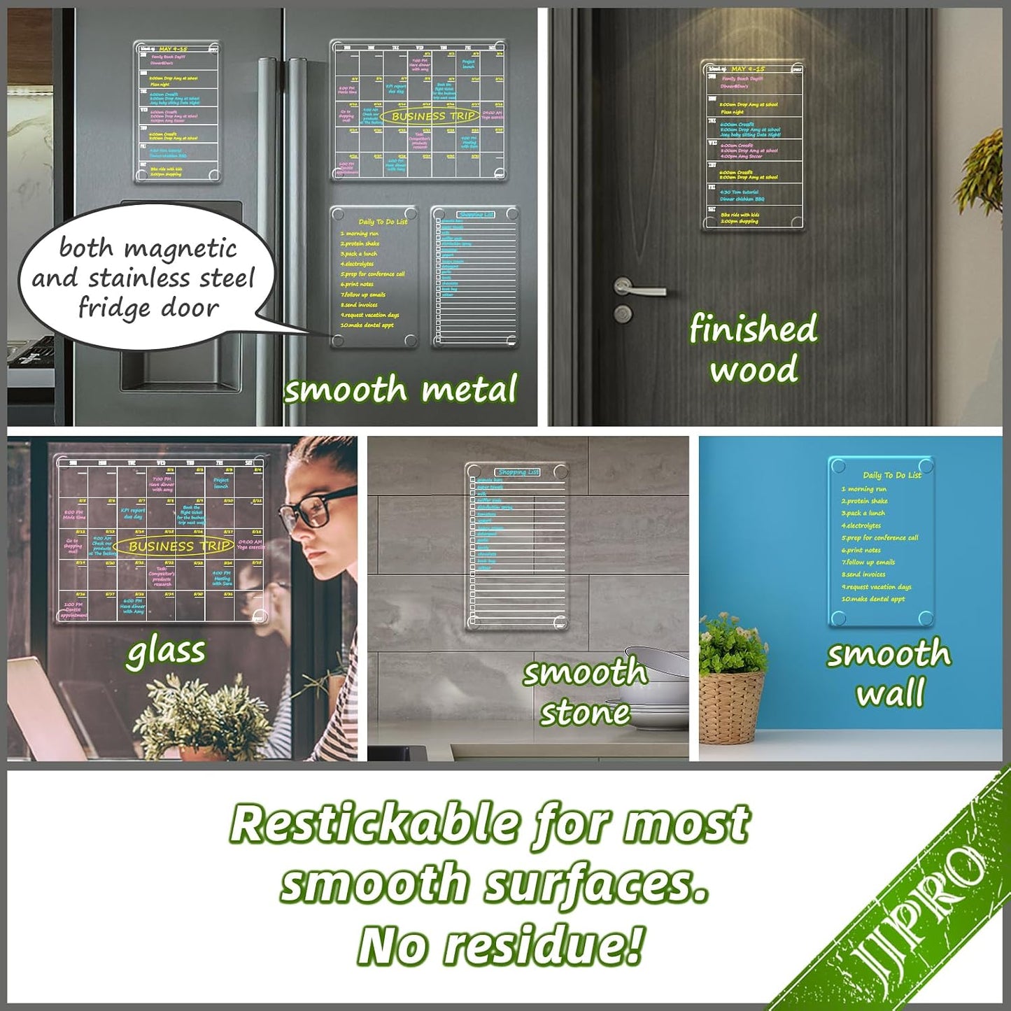 JJPRO Non-Magnetic Dry Erase Calendar for Fridge, Monthly Calendar, Weekly Planning Board Bundle for All Smooth Surfaces. Clear Reusable Calendar Stick to Fridge,Cabinet,Door&Glass