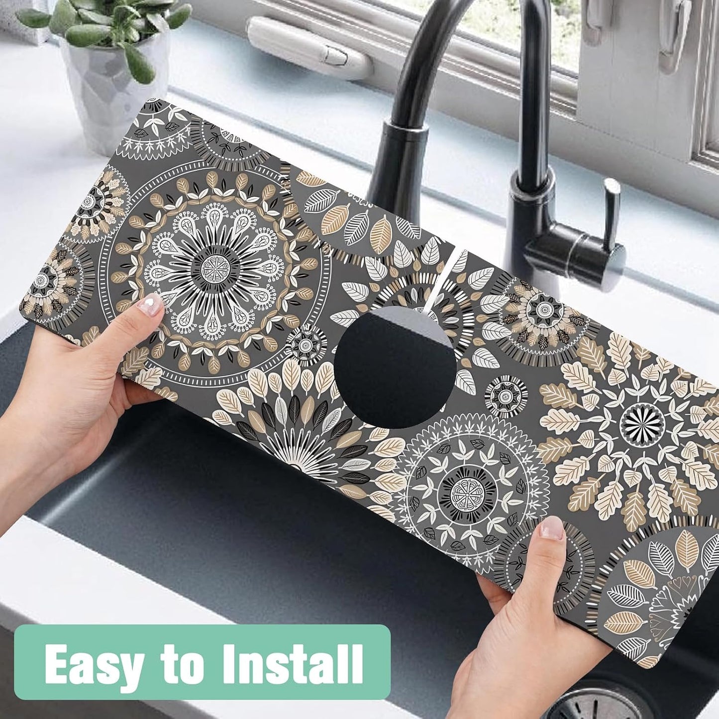 Kitchen Sink Splash Guard Faucet Mat 24" X 5.5" Tropical Leavesl Absorbent Fast Drying Mat Faucet Draining Mat Sink Splash Guard Behind Faucet Drip Catcher for Kitchen Bathroom