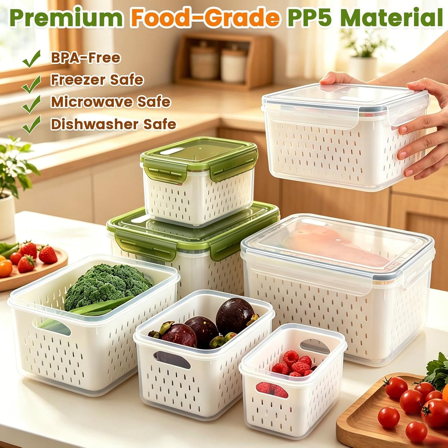 TBMax Fruit Storage Containers for Fridge Organizers and Storage, 4 Pack Large Produce Saver with Airtight Lid & Colander for Berry Lettuce Salad Vegetable Storage, Refrigerator Organizers