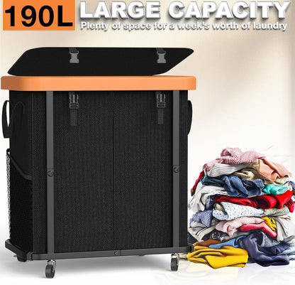 Laundry Hamper with Wheels,150L Leather Patchwork Clothes Hamper Black | Rolling Laundry Basket with Sturdy Metal Frame, Removable Washable Bag,Tall Clothes Sorter for Bedroom, Laundry Room, Dorm