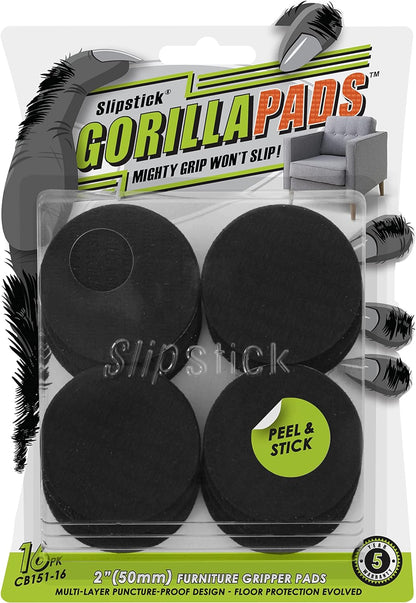 Slipstick GorillaPads CB147 Non Slip Furniture Pads/Gripper Feet (Set of 16) Self Adhesive Rubber Floor Protectors, 1 inch Round, Black