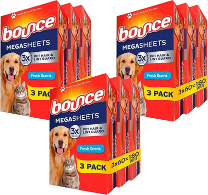 Bounce Pet Hair and Lint Guard Mega Dryer Sheets with 3X Pet Hair Fighters, Fresh Scent, 180 Count