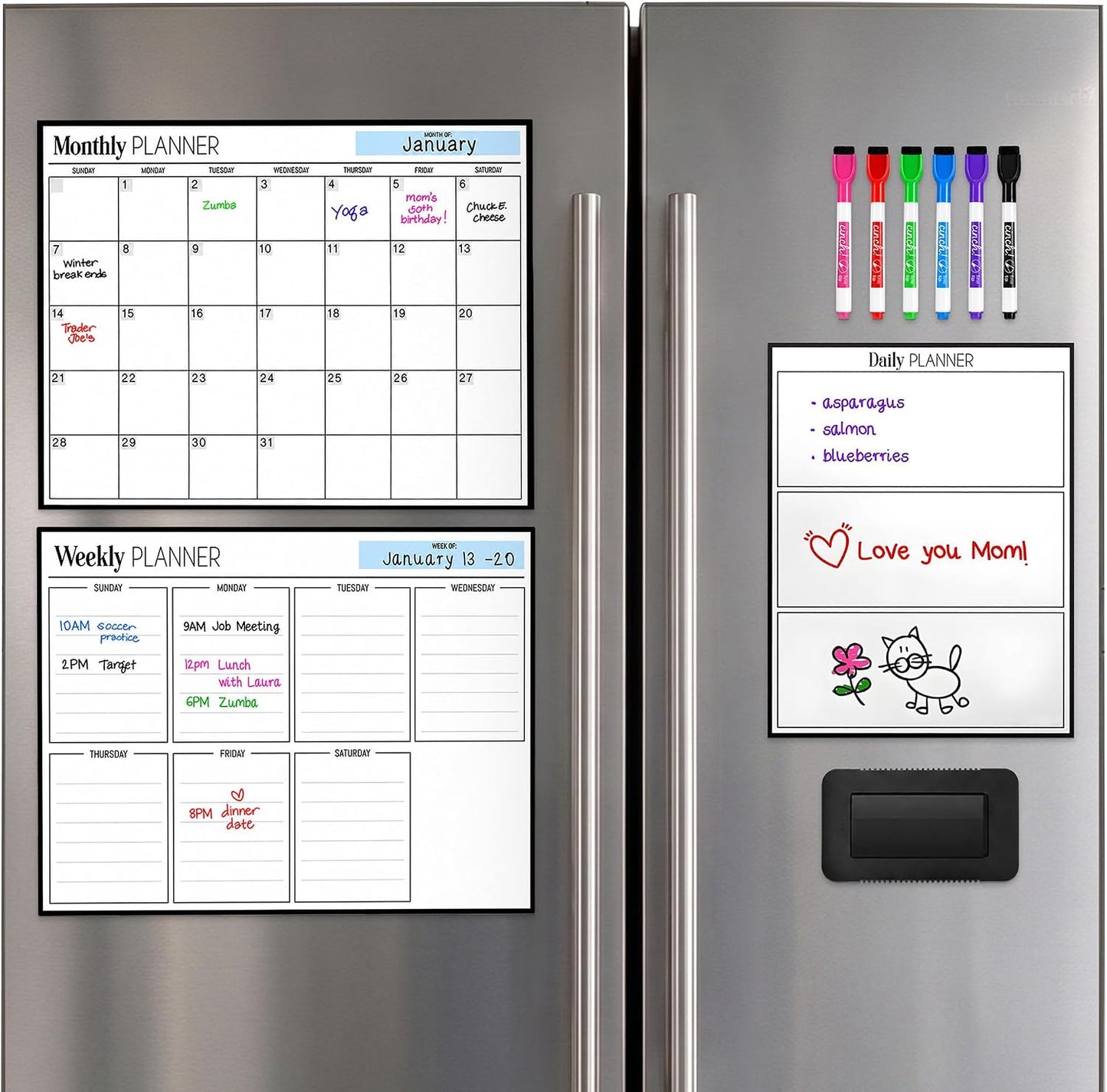 3 Pack Magnetic Dry Erase Calendar for Fridge, 17" x 12" Fridge Planner | Stain-Resistant Magnetic Calendar for Refrigerator with 6 Magnetic Markers & 1 Eraser - Monthly, Weekly & Daily Planner Set