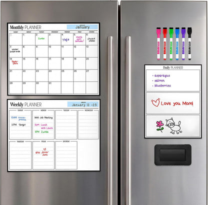 3 Pack Magnetic Dry Erase Calendar for Fridge, 17" x 12" Fridge Planner | Stain-Resistant Magnetic Calendar for Refrigerator with 6 Magnetic Markers & 1 Eraser - Monthly, Weekly & Daily Planner Set