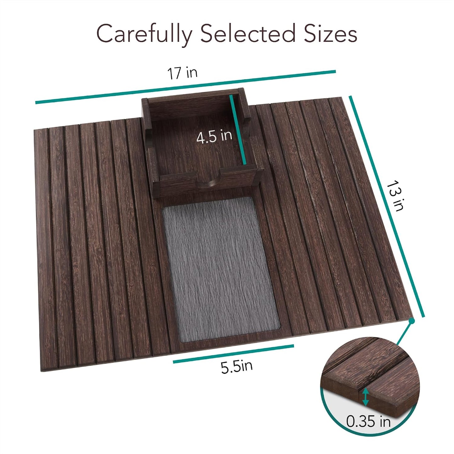 Detor Couch Cup Holder Tray with Super Anti-Slip Pad, Large 4.5" x 4.5" Organizer, Brown-Stained Bamboo Finish, Enhanced Non-Slip Felt Base, Durable Bamboo Slats, Fits Armrests 5.5" and Wider