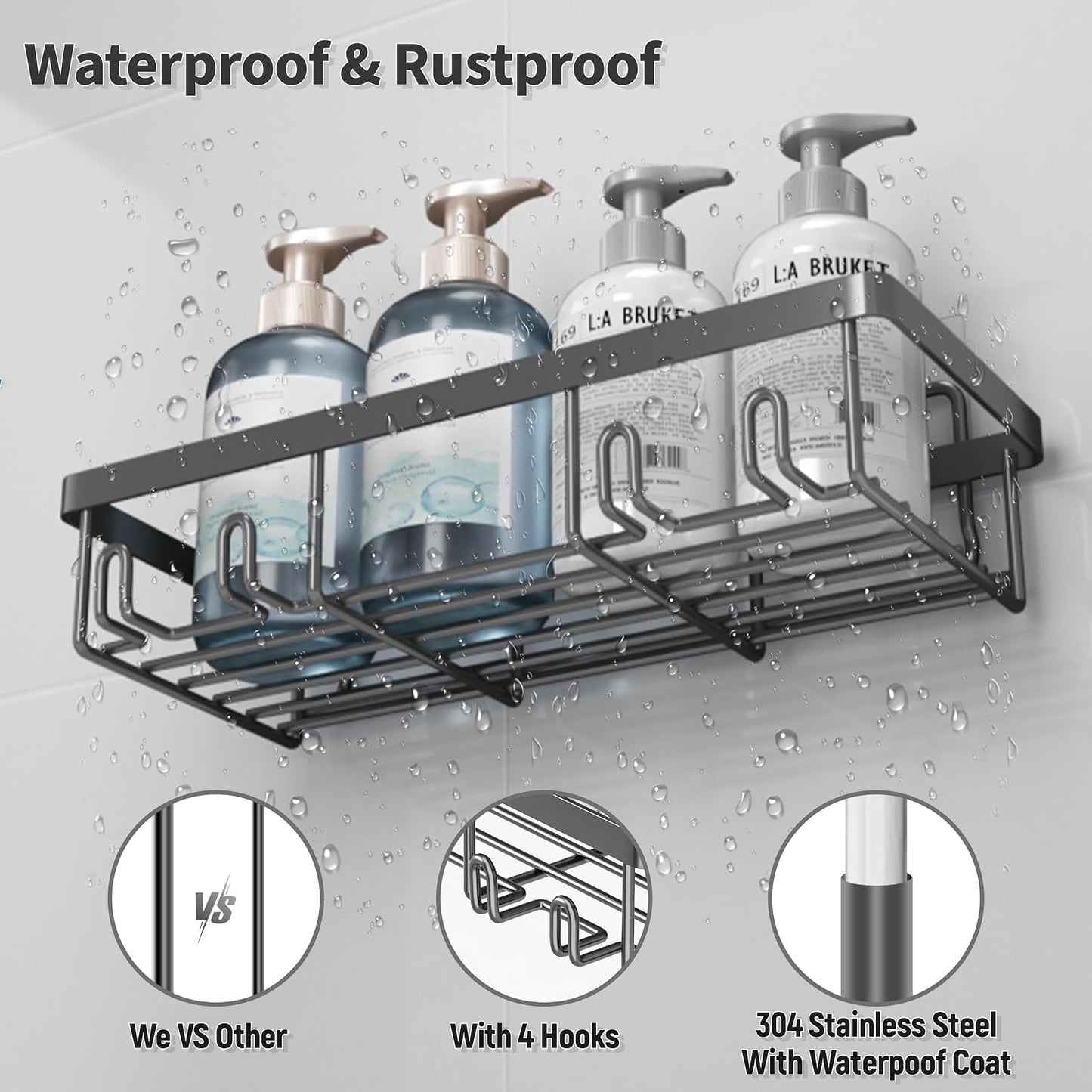 Liuoud 5 Pack Shower Caddy for Inside Shower, Gold Bathroom Storage Decor | Large Rustproof Stainless Steel Organizer with Strong Adhesive, No Drilling Wall Mounted Shelves, Bathroom Accessory Set