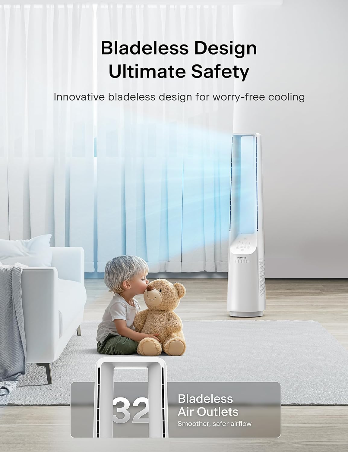 PELONIS 40" 90° Oscillation Bladeless Fan for Bedroom with Remote, White | Bladeless Cooling Tower Fan with 6 Speeds, 4 Modes, 26 ft/s, Brushless DC Motor, Quiet 22dB, 7-Hr Timer for Home, Office Use
