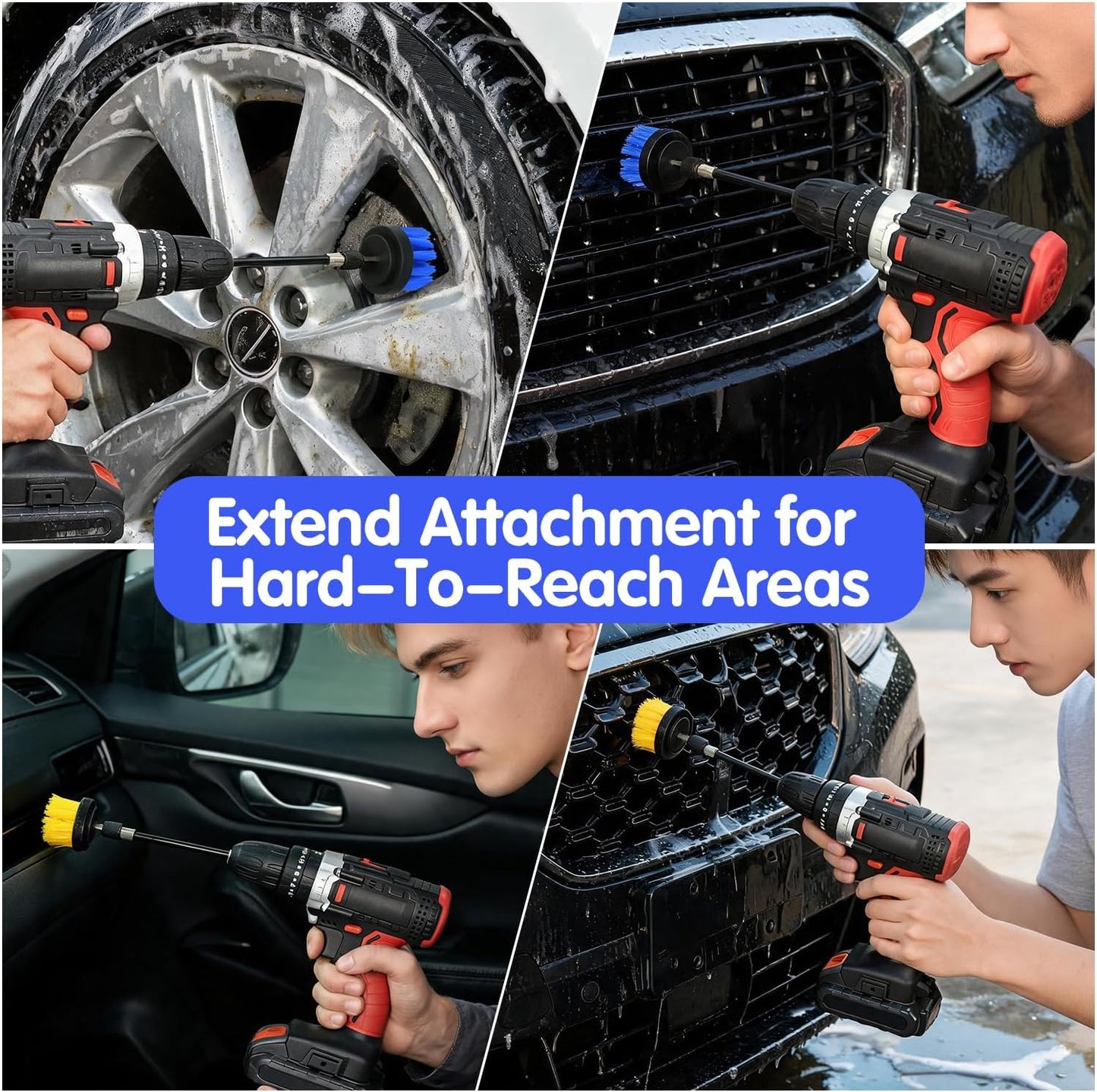 5pcs Drill Brush Set, Soft Bristle & Medium Bristle | for Car Interior, Floor, Grout, Toilet, Sink, Upholstery, Carpet