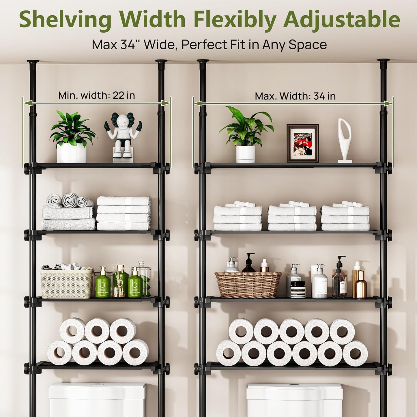 ALLZONE Adjustable Over The Toilet Storage Shelf, 4-Tier Ample Bathroom Organizer and Storage, Tension Mounted Above Toilet Storages Cabinet for Versatility, Fits 66-113 Inch Heights, Black