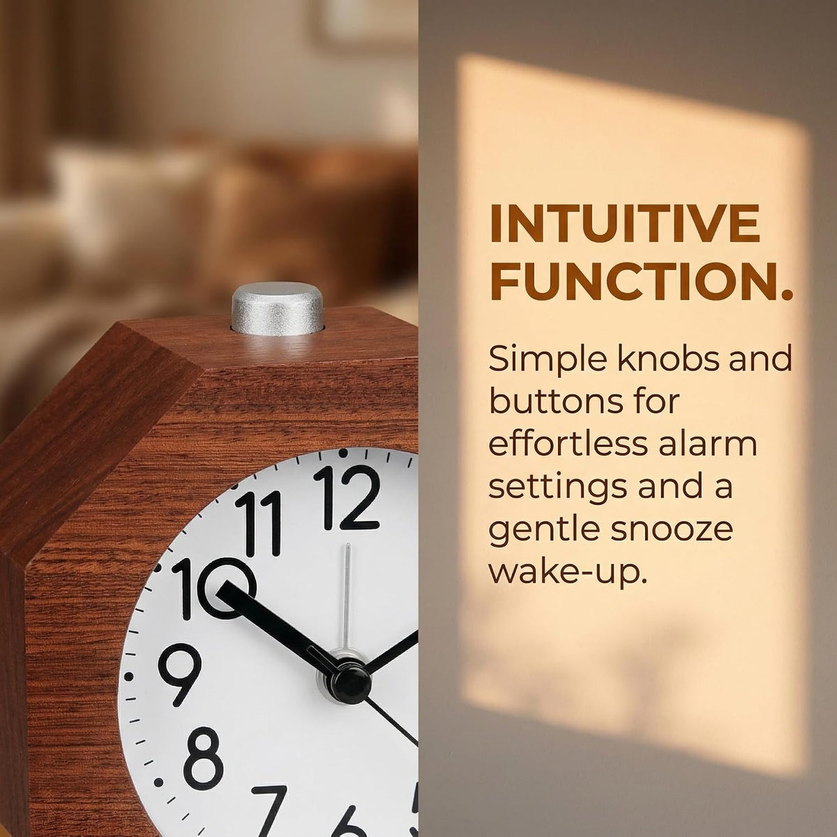 Wood Analog Alarm Clock 3'' Non-Ticking Backlight Battery Operated