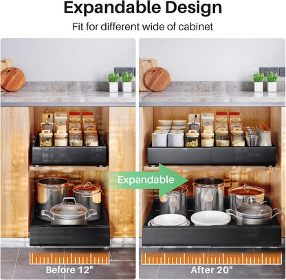 Kitstorack Pull out Cabinet Organizer, Expandable(12"-20") Heavy Duty Slide out Drawers Fixed with Adhesive Nano Film for Pots, Roll out Shelf Storage for Kitchen Base Cabinet Organization(White)