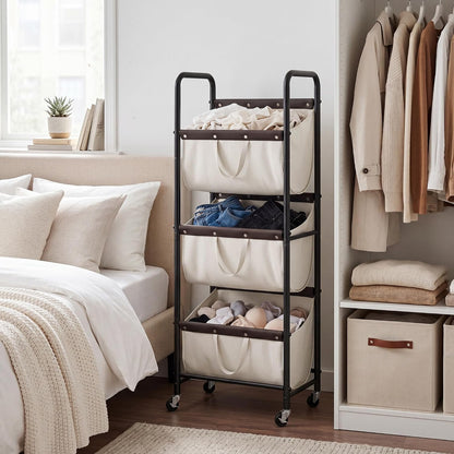 GRANNY SAYS 3 Tiered Laundry Sorter, Narrow Hamper Cart with Wheels | Sturdy 3 Section Laundry Basket with Wheels, Vertical Beige Hamper Cart for Bedroom, Bathroom, Apartment