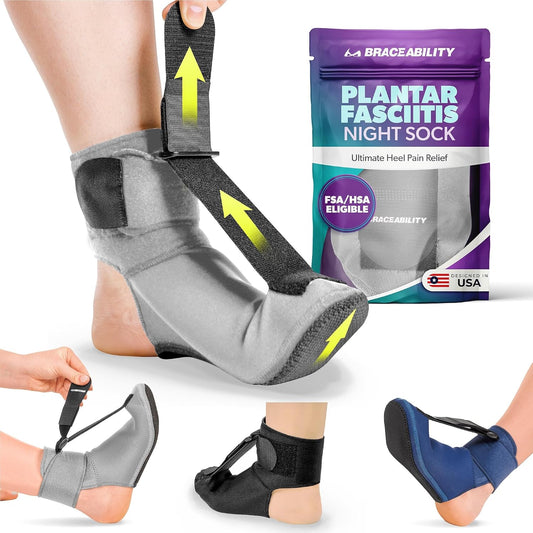 BraceAbility Plantar Fasciitis Night Splint Sock - Plantar Fascia Boot for Sleeping, Achilles Tendonitis Relief, Foot Drop, Heel Pain - Planter Facetious Brace for Women and Men - Gray (L)