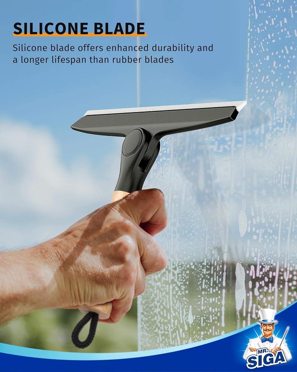 MR.SIGA Silicone Squeegee for Shower Door, Mirror, Glass, 10 inch, White | Streak free shower squeegee for windows, showers and glass surfaces, pivoting bamboo handle, includes 1 suction hook