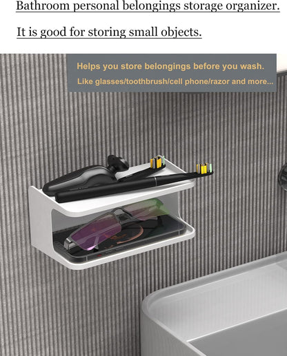 Bedside Wall Shelf Organizer, Small Bedside Shelf, (Black) | Wall Mount for Bed, Stick on Wall Shelf, Double Tray Holder for Storing Cellphone, Glasses, Keys, Camera , Alarm Clock