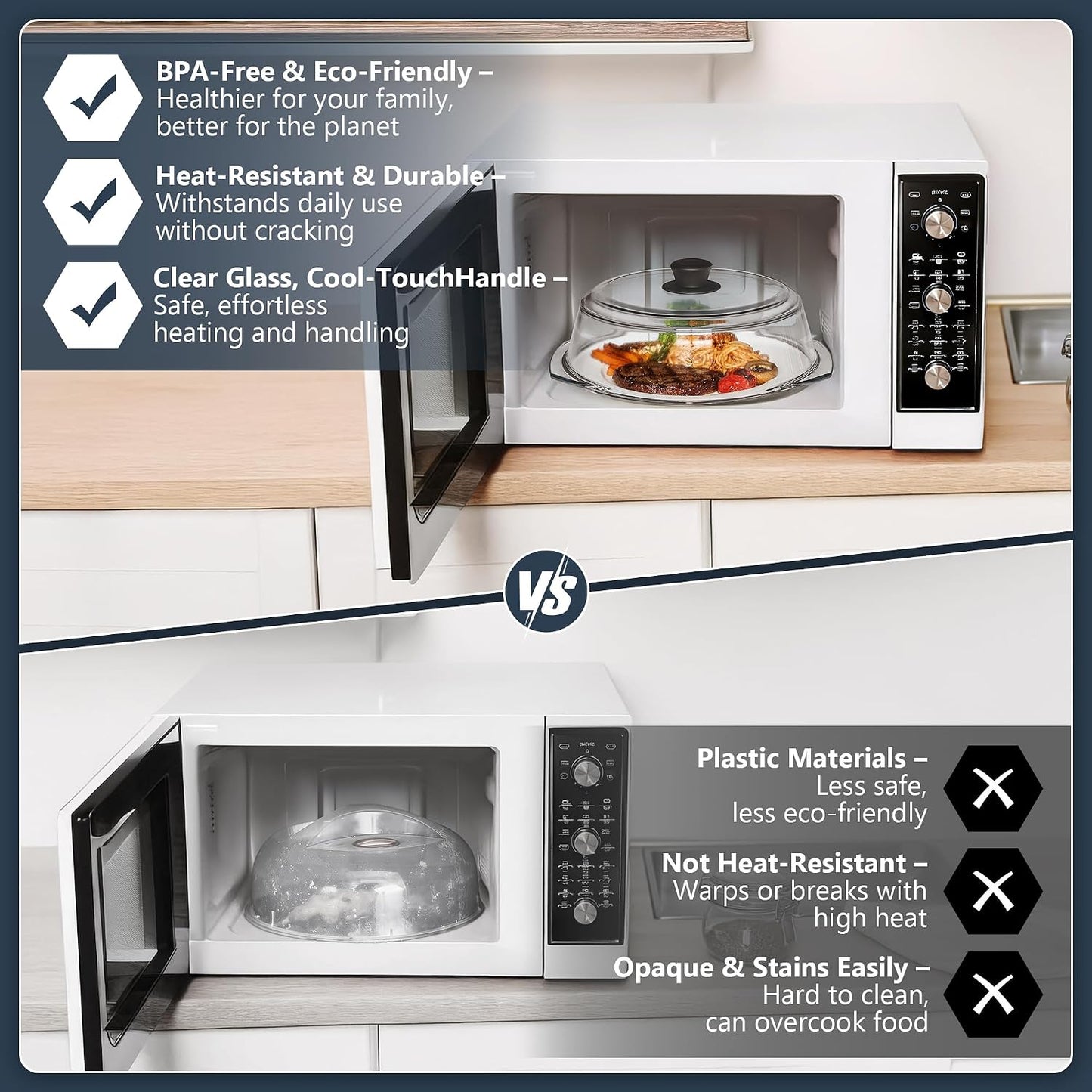 Glass Microwave Splatter Cover for Food Plates & Cookware with Oven Mitts, Borosilicate Glass Splatter Lid Guard with Vent Hole & Easy Grip Silicone Handle, 100% BPA Free & Dishwasher Safe