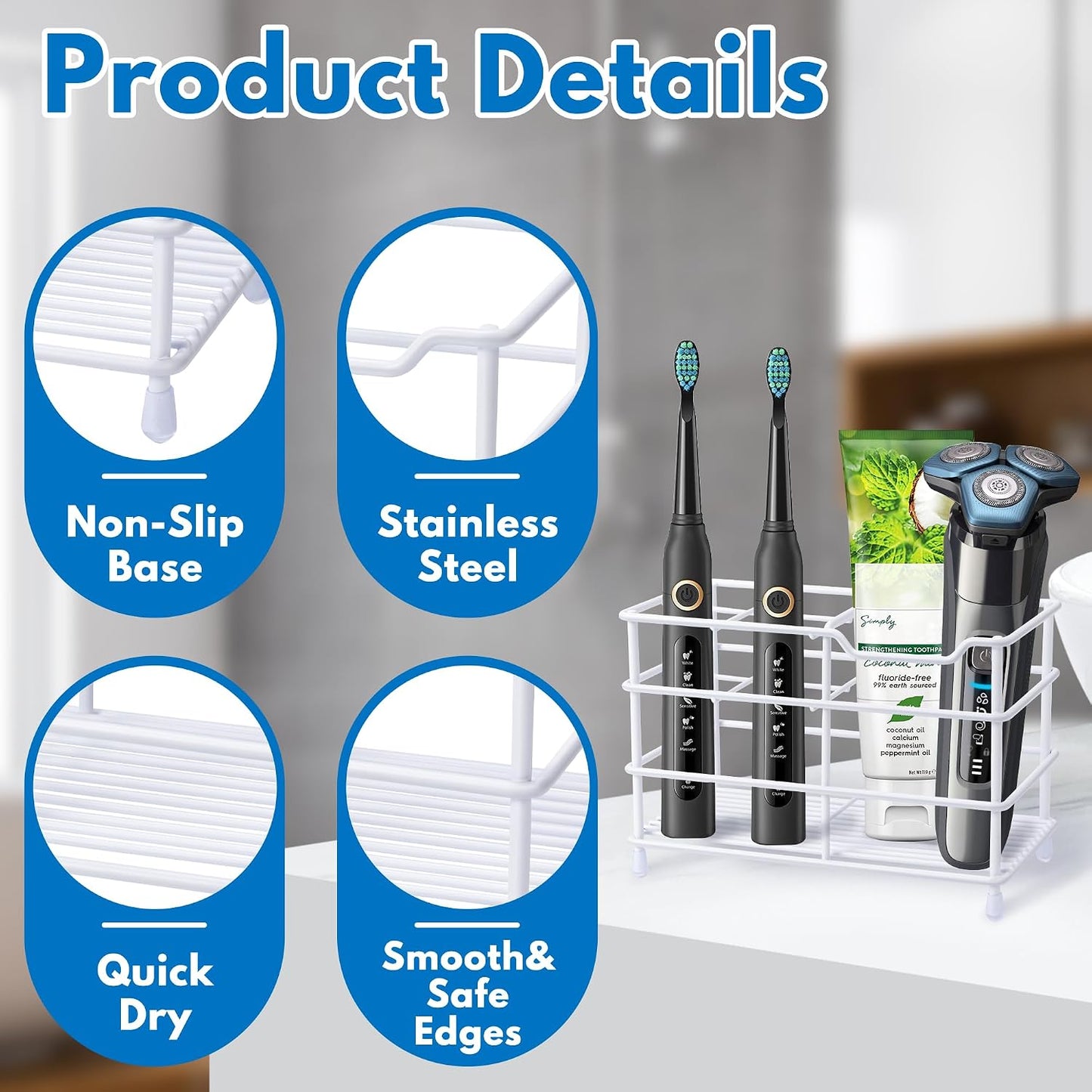 Electric Toothbrush Holders for Bathrooms 304 Stainless Steel Quick Drying | Upgrade Heavy Duty Sturdy Durable Toothpaste Holder Bathroom Organizer Storage Decor Accessories Tooth Brush Holder Caddy