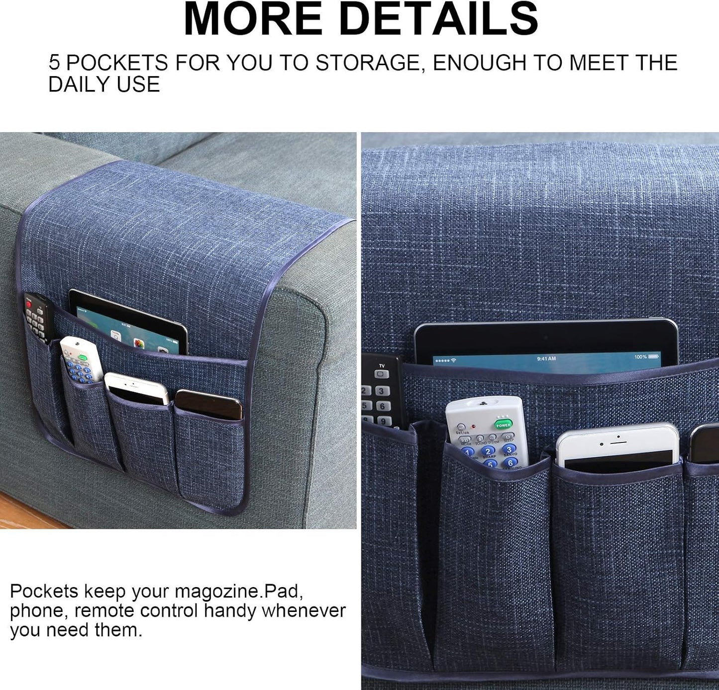 Sofa Armrest Organizer Non-Slip Remote Control Holders for Recliner Couch Chair Armchair Caddy with 5 Pockets for Table,Cell Phone,Ipad,Magazines,Books (Black, 13 x 35 Inch)