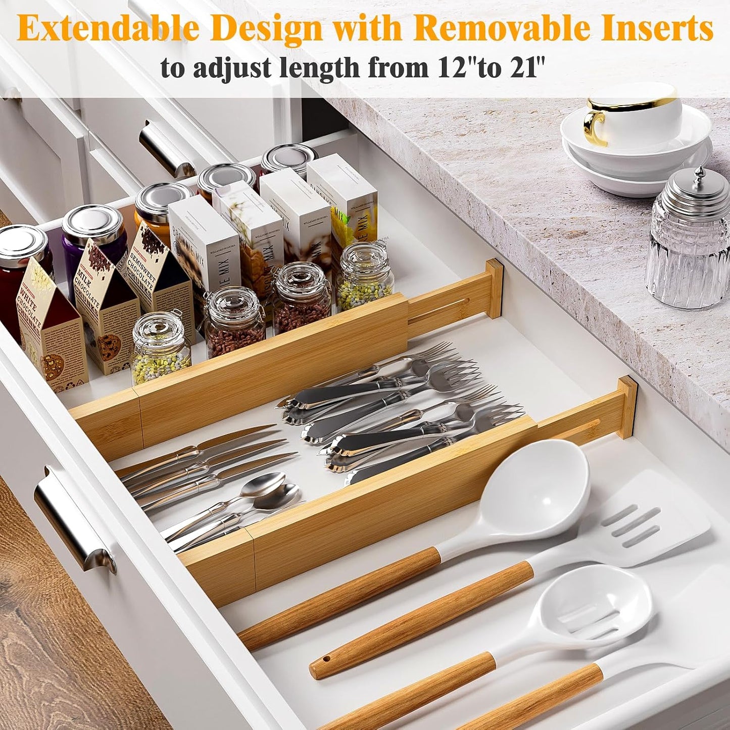 Bamboo Drawer Dividers, 12-21 Inch Kitchen Adjustable Drawer Organizers | Expandable Dresser Separators for Clothes, Ideal for Kitchen, Bathroom, Vanity, Office Organization and Storage, 4-Pack