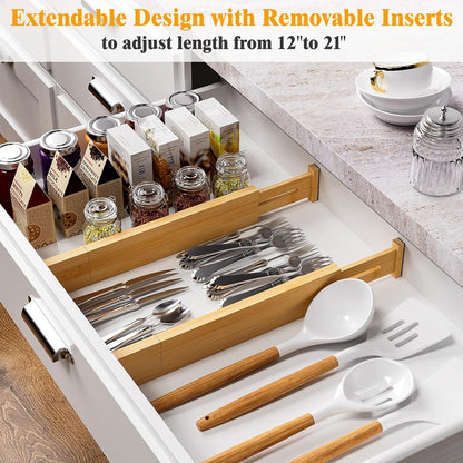 Bamboo Drawer Dividers, 12-21 Inch Kitchen Adjustable Drawer Organizers | Expandable Dresser Separators for Clothes, Ideal for Kitchen, Bathroom, Vanity, Office Organization and Storage, 4-Pack