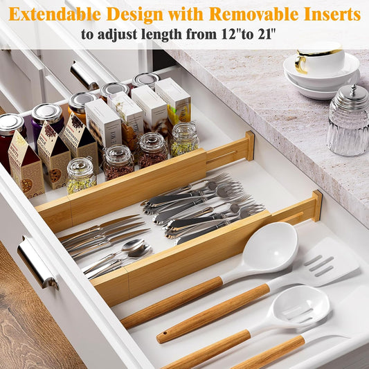 Bamboo Drawer Dividers, 12-21 Inch Kitchen Adjustable Drawer Organizers | Expandable Dresser Separators for Clothes, Ideal for Kitchen, Bathroom, Vanity, Office Organization and Storage, 4-Pack