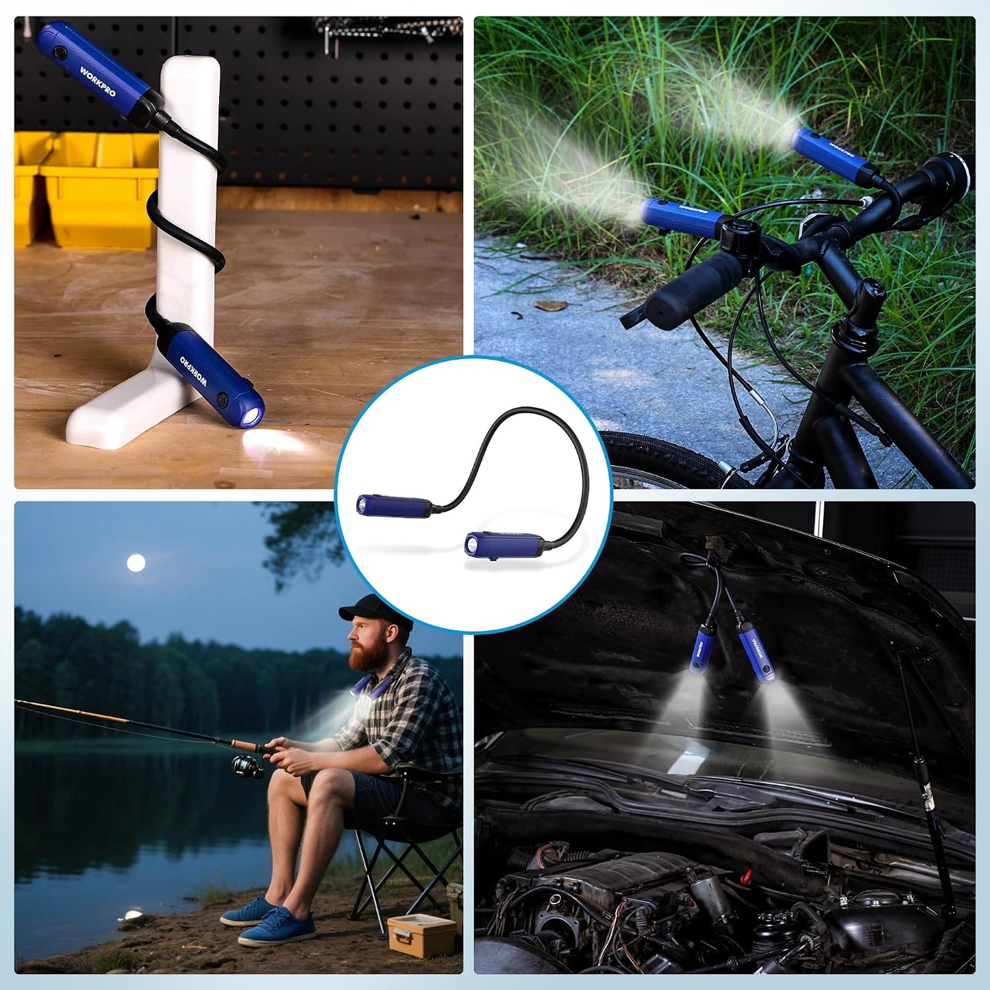 WORKPRO Rechargeable Neck Light, 3 Brightness Hands-Free Neck Work Light | Hands-Free Bendable Silicone Arm, Neck Flashlight Lamp, for Mechanics, Camping, DIY Projects, Crafting, Blue and Black