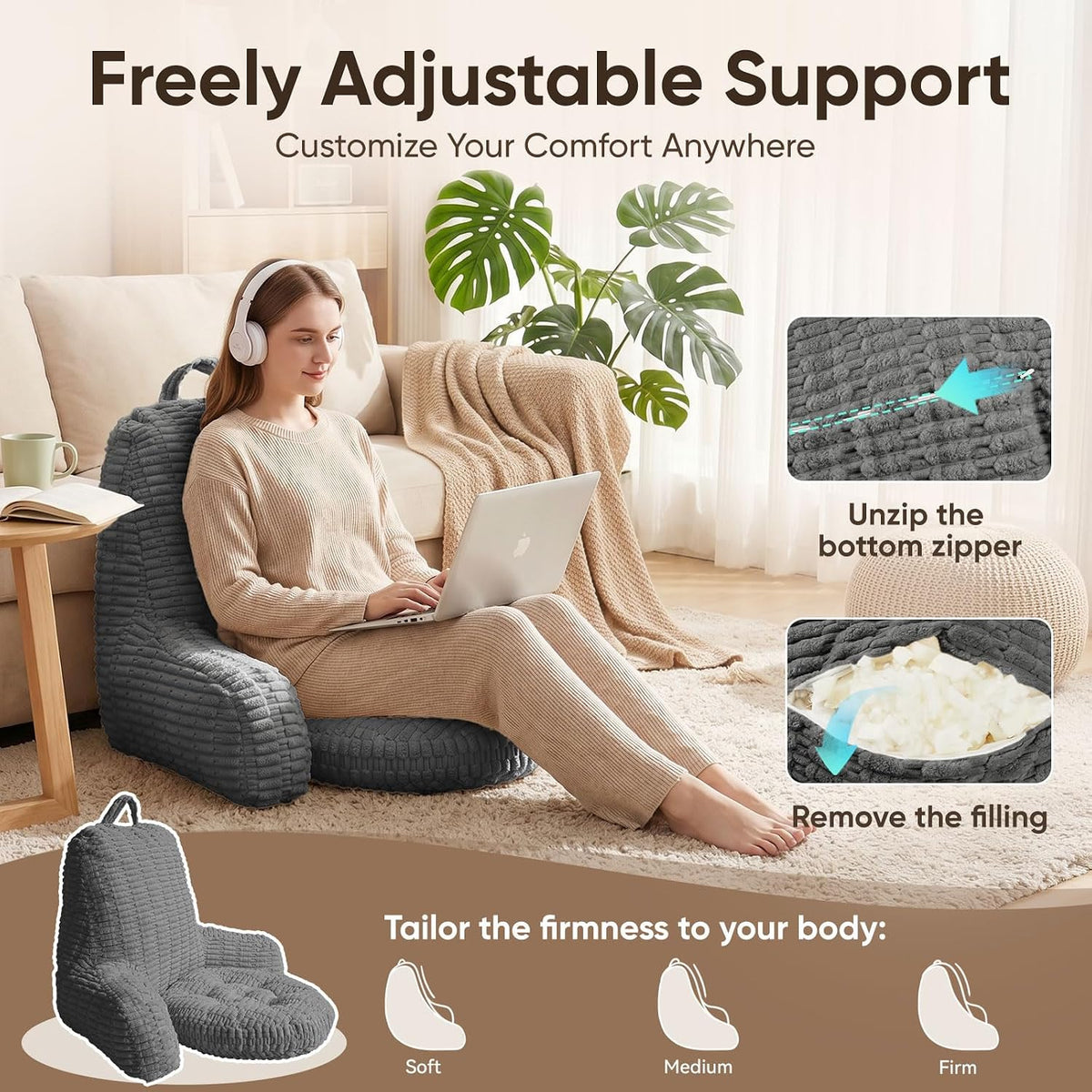 21" Higher Large Reading Pillow for Bed Adult, Back Pillow for Bed Sitting Up with Memory Foam Back Support with Arms Rest for Couch Chair Gray