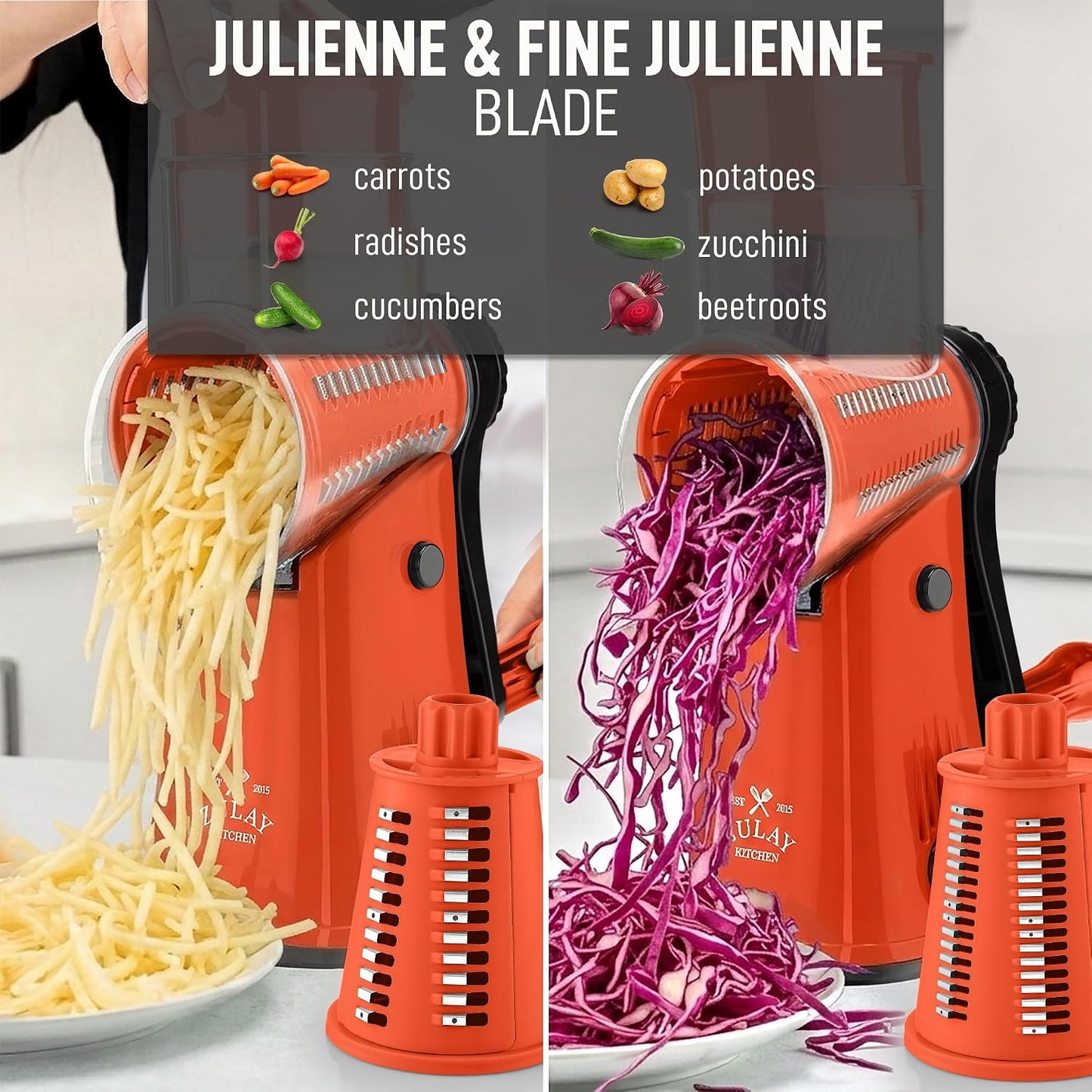 Zulay Kitchen Rotary Cheese Grater 5 Blade Cheese Shredder - Manual Hand Crank Cheese Grater With Reinforced Suction & 5 Interchangeable Drums - Easy to Use, Vegetable Chopper Round Mandoline Slicer - Colors B