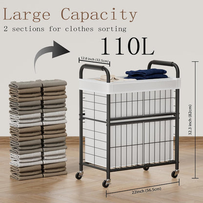 110L Rolling laundry Sorter Hamper Basket 2 Section with Wheels | Laundry Cart with Removable Bag, Clothes Organizer, Bedroom, Bathroom, Laundry Room, Dorm Use