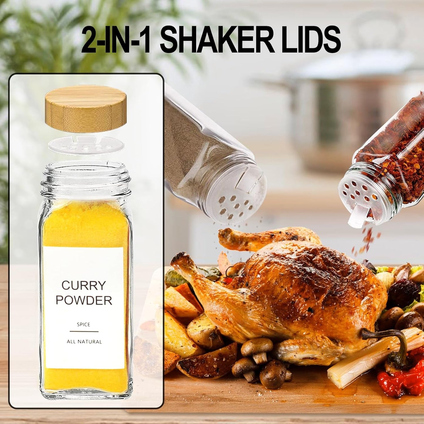 Glass Spice Jars with Bamboo Lid & 398 Label for Cabinet & Drawer Organizer | 24 pcs 4 fl oz Square Spice Bottles With Shaker Lids,Airtight Spice Containers Keep Fresh,Seasoning Containers Organization