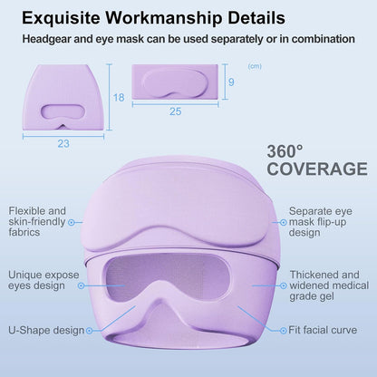 2 in 1 Migraine Relief Cap with Gel Eye Mask, Headache Relief Cap Ice Head Wrap Hot and Cold Therapy Hat Gift for Women for Headache Puffy Eyes Sinus and Tension Stress Relief (Light Purple)