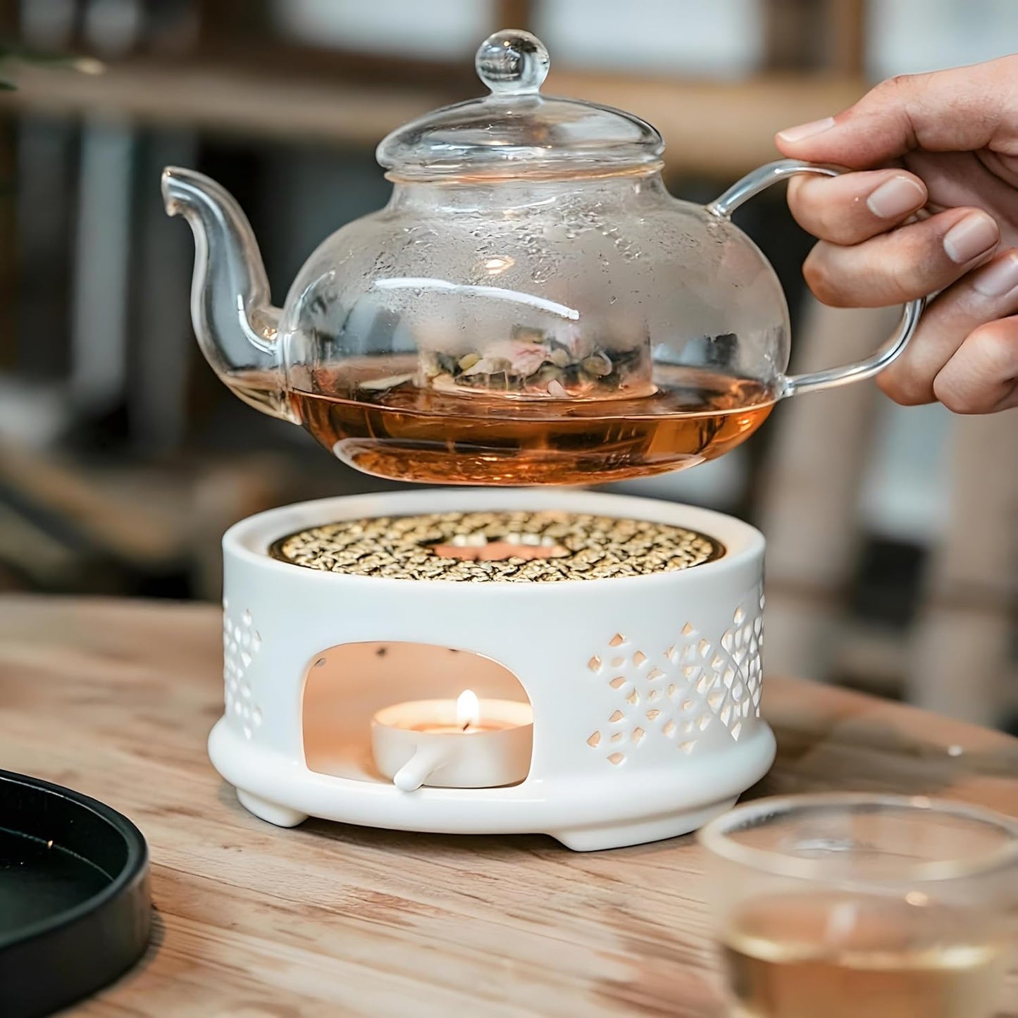 Teapot Warmer Ceramic Heater with Spoon Lid and Candle Holder Coffee Heating Device Glass Teapot Warming Stand for Milk (White)