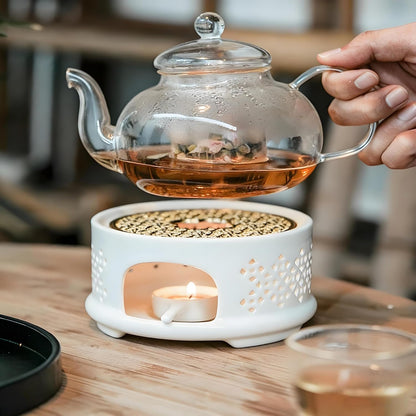 Teapot Warmer Ceramic Heater with Spoon Lid and Candle Holder Coffee Heating Device Glass Teapot Warming Stand for Milk (White)